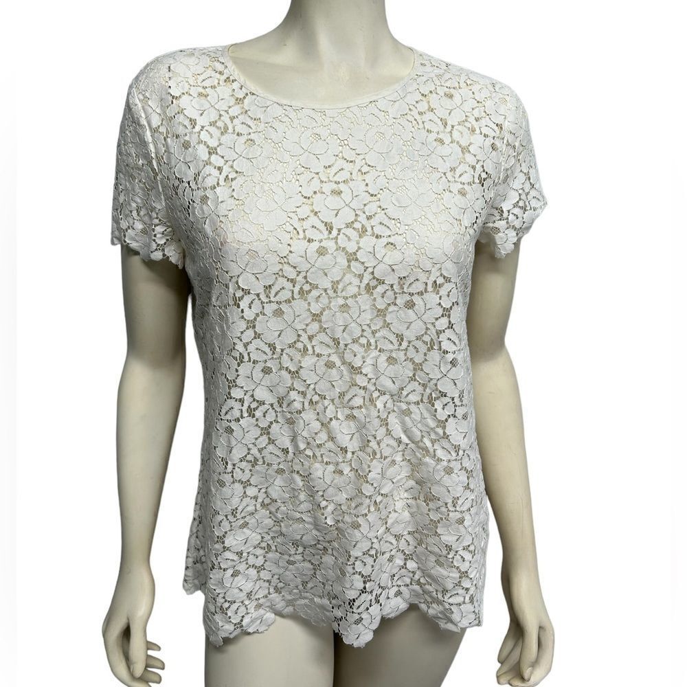 Talbots Floral Lace White Short Sleeve Top See Through Shirt Blouse